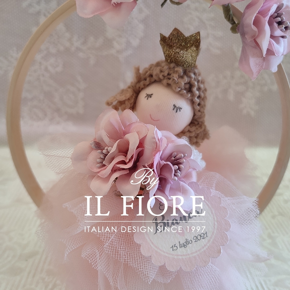 Bomboniere bambola Principessa con vestito in tulle e cerchio con fiori 02510