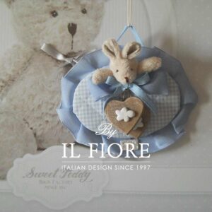 Fiocco nascita Bimbo e Bimba con Coniglietto e cuori pendenti in legno