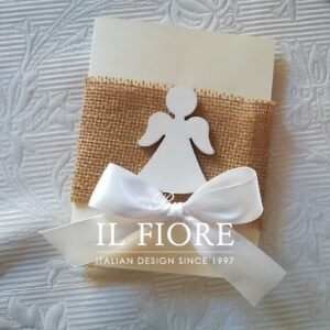 Partecipazioni Comunione con Angelo in legno e juta