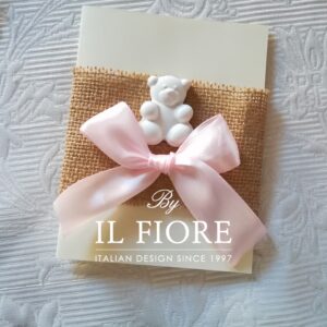 Partecipazione Battesimo bimba con orsetto e fascia in juta