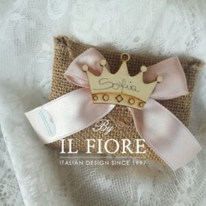 Bomboniera Battesimo Bimbo Bimba sacchetto juta con corona