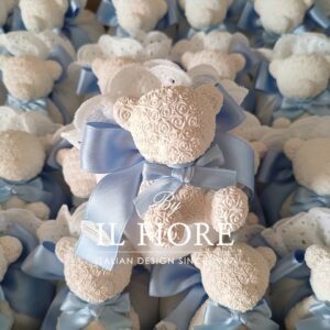 Bomboniera Battesimo con orso e sacchetto con pizzo Sangallo