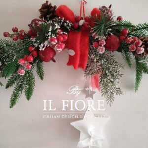 Fuoriporta Natalizio in pino con stelle e fiocco in pannolenci rosso