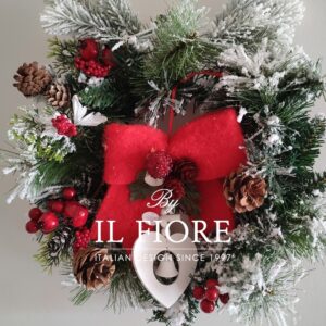 Fuoriporta Ghirlanda Natalizia con grande fiocco rosso cuore e campanella