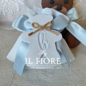 Bomboniera Battesimo orsetto con lettera e sacchetto portaconfetti bimbo e bimba
