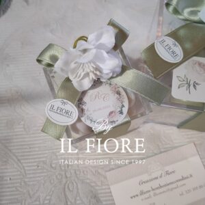 Bomboniere Matrimonio scatola plexiglass piccola con fiore tag personalizzabile