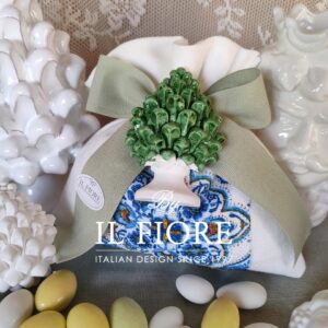 Bomboniere matrimonio sacchetto maioliche siciliane e pigna verde