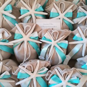 Bomboniera Comunione Sacchetto con stella marina e nastro color tiffany