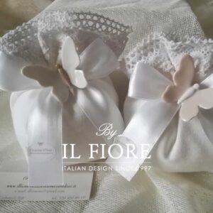 Bomboniera matrimonio sacchetto portaconfetti con farfalle in ceramica e merletto