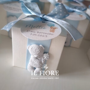 Bomboniera Battesimo scatola portaconfetti con orsetto in gesso e tag
