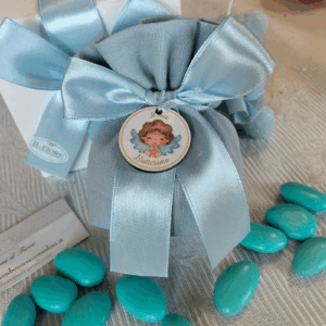 Bomboniera Battesimo bimbo sacchetto con tag in legno calamita