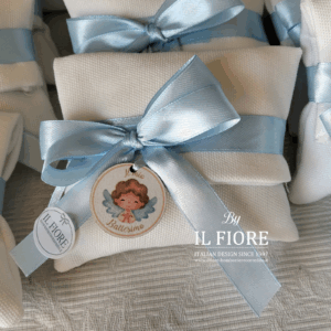 Bomboniera Battesimo bimbo sacchetto con tag in legno calamita