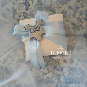 Bomboniera Battesimo bimbo sacchetto con tag in legno calamita