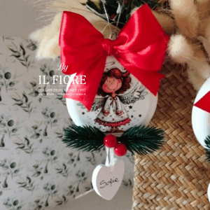 Palline di Natale angioletto decorata con fiori e cuore personalizzato con nome