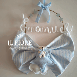 Fiocco nascita personalizzabile decorato con stella nuvoletta e orsetto