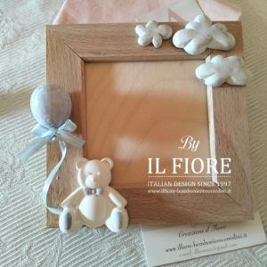 Bomboniere Battesimo portafoto con orsetto, palloncino  e nuvolette bimba/o