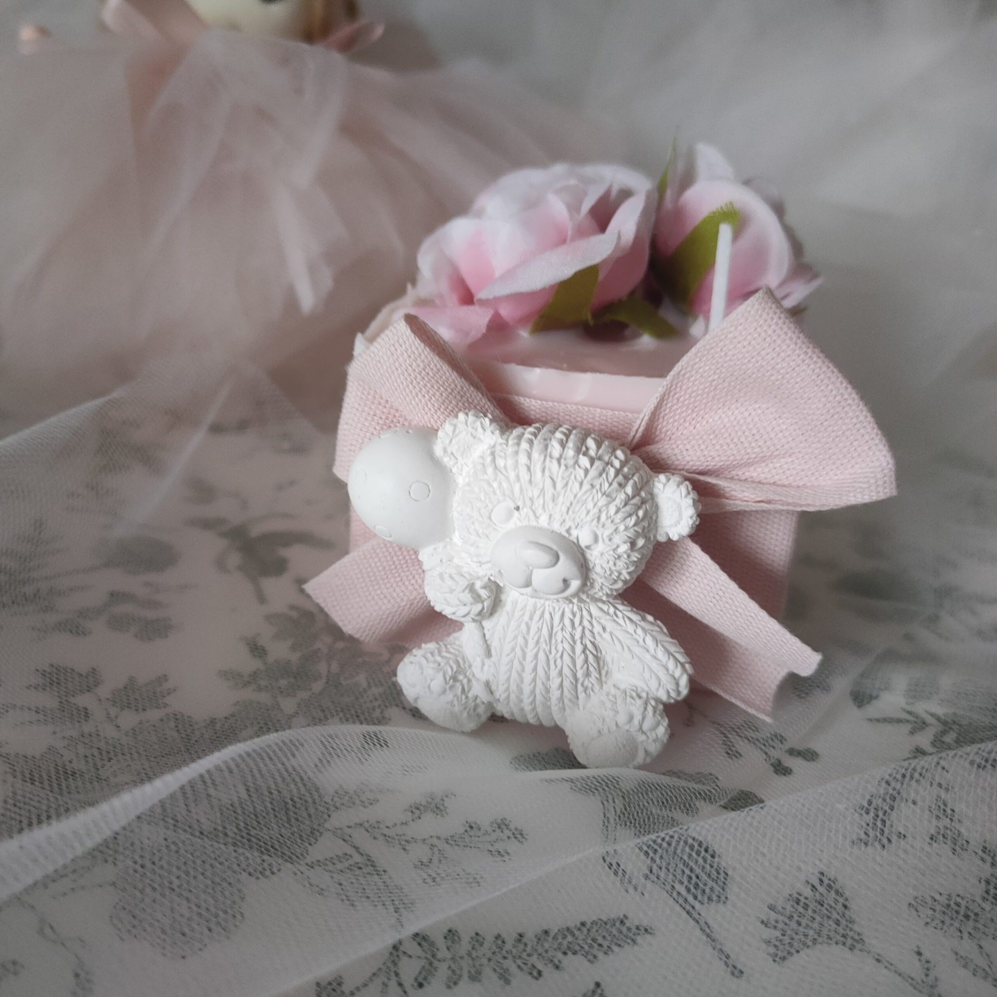 bomboniera battesimo candela con fiori bimba e bimbo