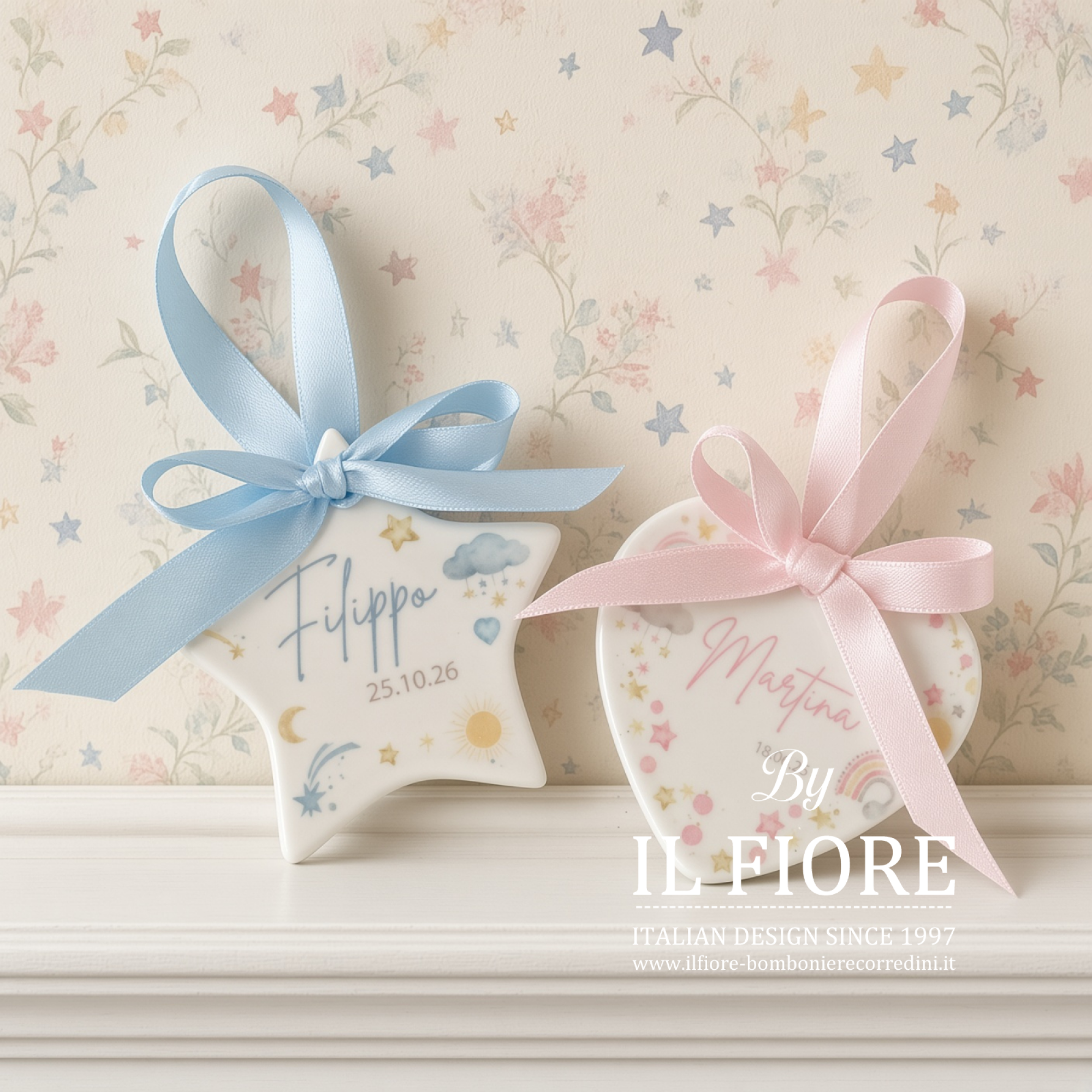 bomboniera battesimo bimba/o stella e cuore in ceramica personalizzabile con nome