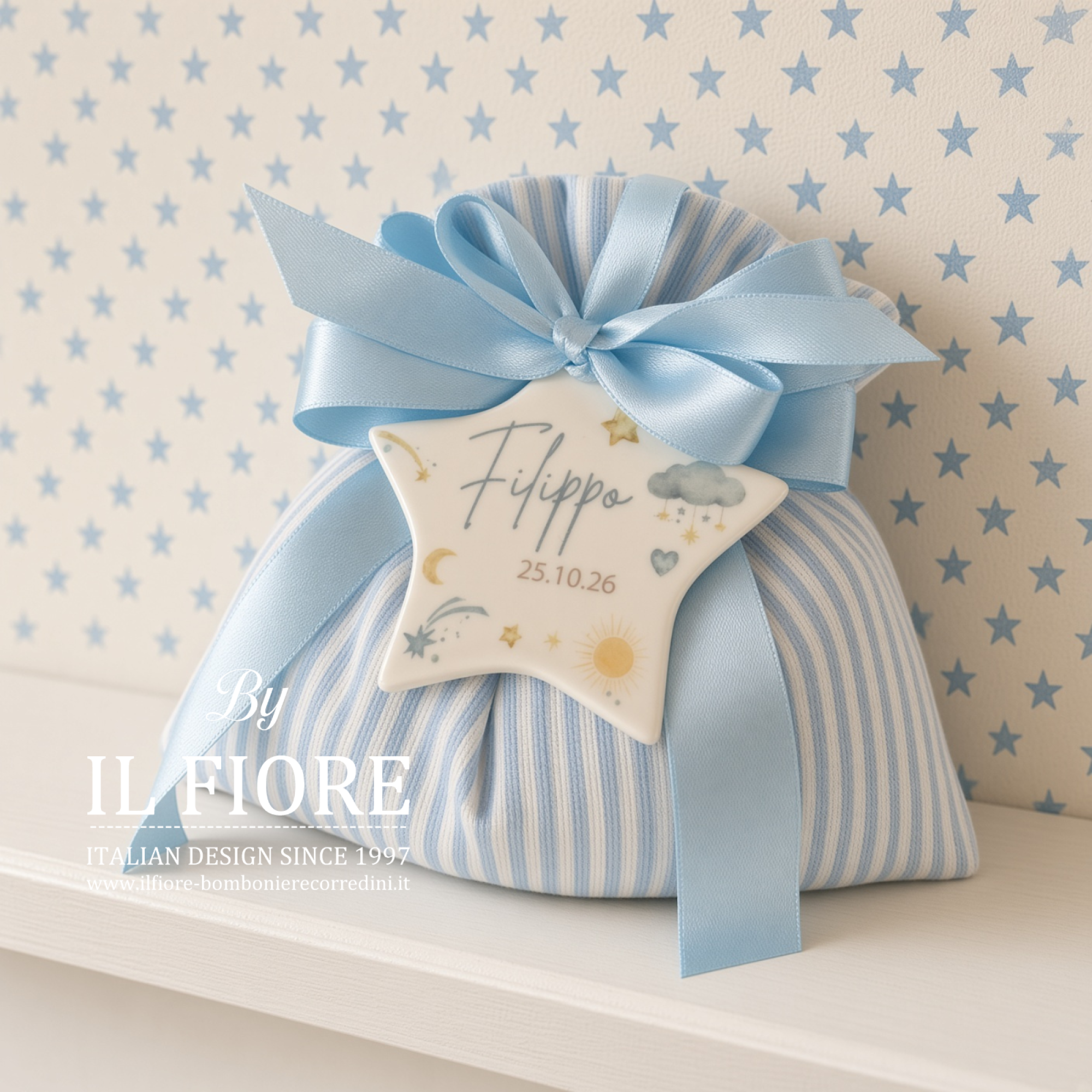 bomboniere battesimo sacchetto con stella in ceramica personalizzabile con nome